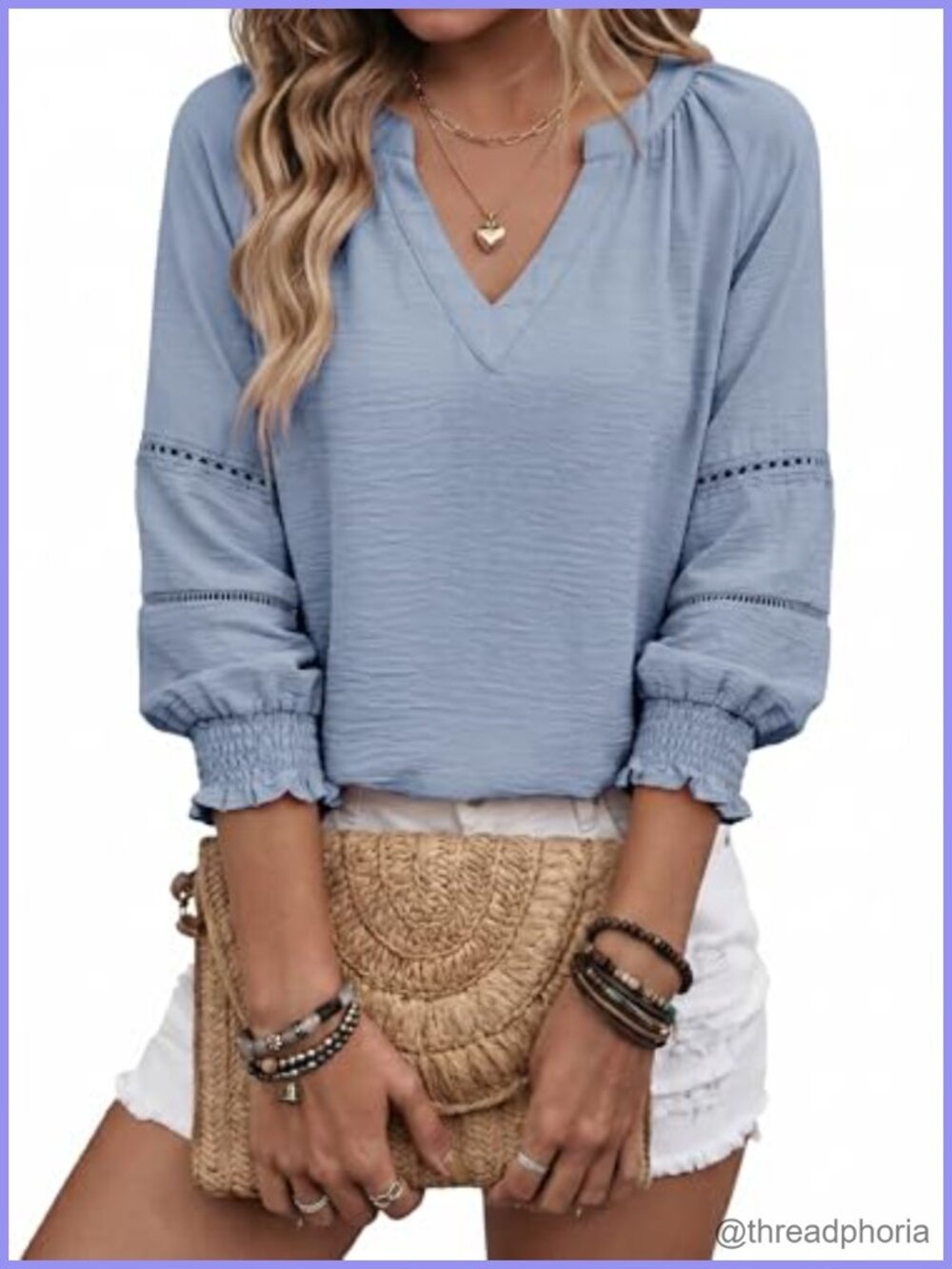 Womens 3/4 Sleeve V Neck Pleated Blouse Business Casual Office Top